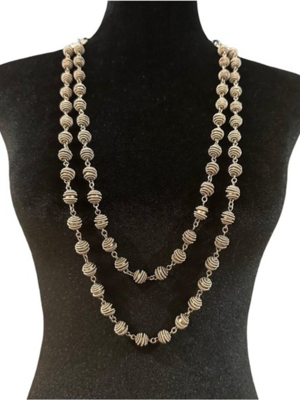 Chicos Long Western Disk Ball Necklace Double Strand Opera Length Silver Tone
